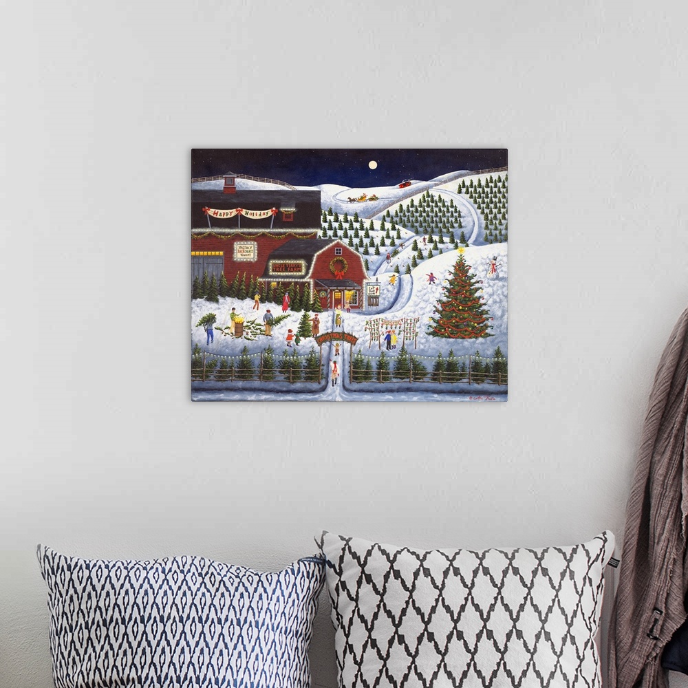 A bohemian room featuring Americana scene of a Christmas Tree farm on a busy winter night.
