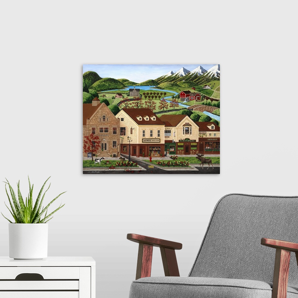 A modern room featuring Americana scene of a moose walking in front of shops in a mountain town.