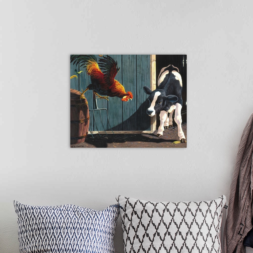 A bohemian room featuring Contemporary painting of a calf protecting a bit of grain for itself while a rooster makes an att...