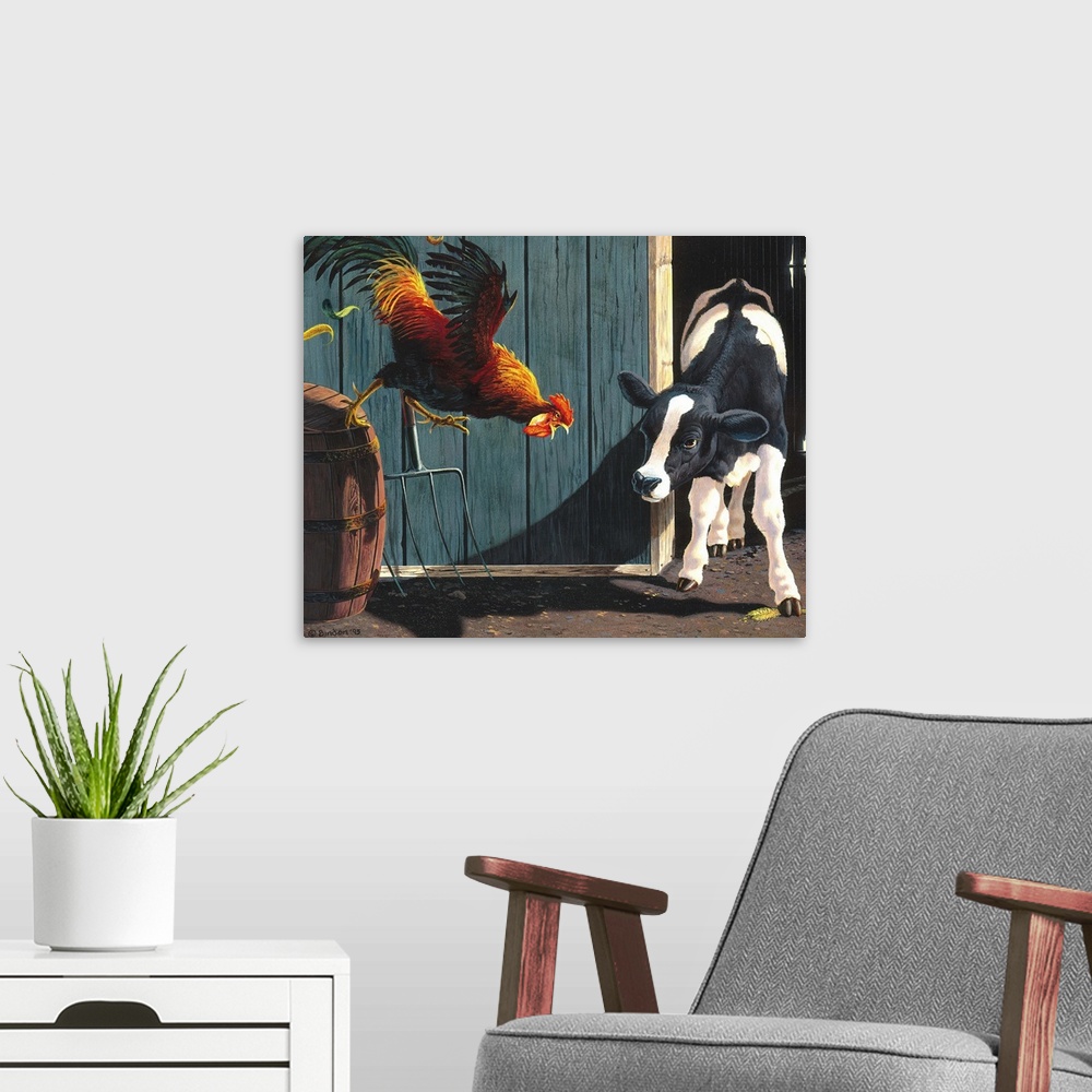 A modern room featuring Contemporary painting of a calf protecting a bit of grain for itself while a rooster makes an att...