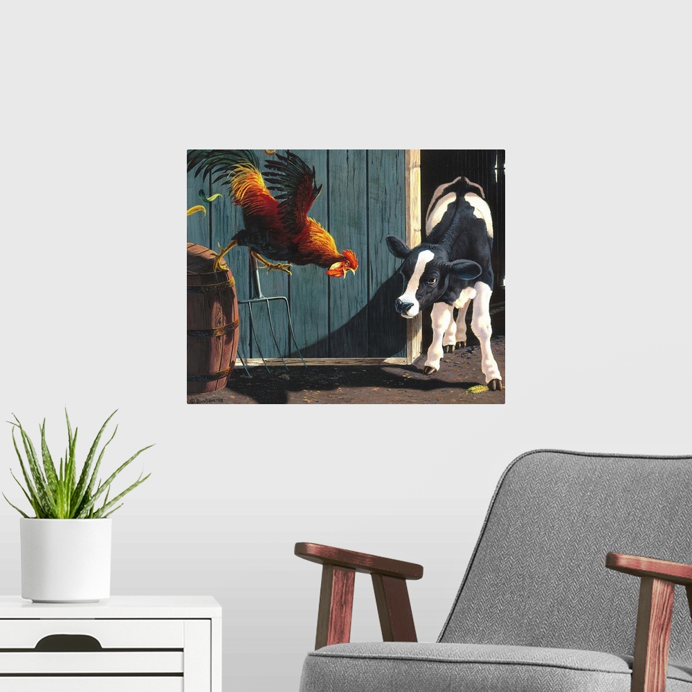 A modern room featuring Contemporary painting of a calf protecting a bit of grain for itself while a rooster makes an att...