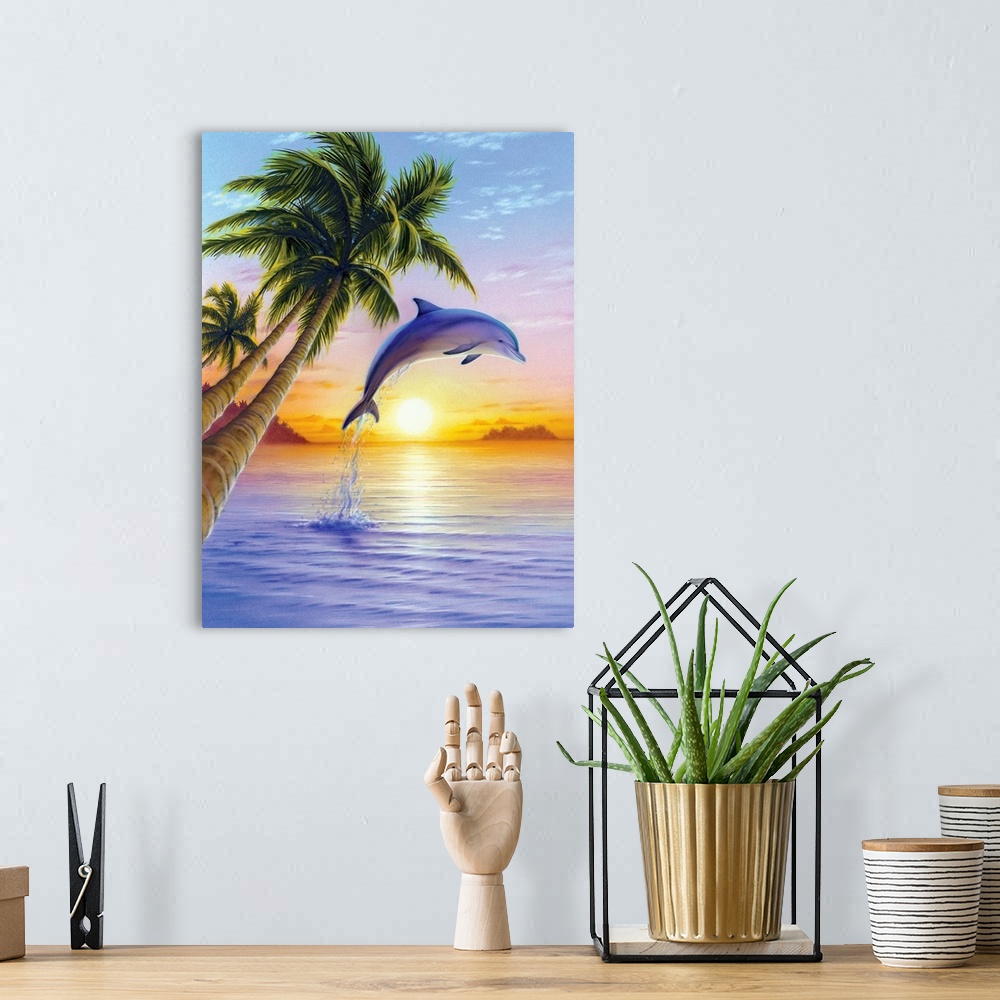 A bohemian room featuring Colorful bright artwork of porpoise jumping out of water at sunset with palm trees in the foregro...