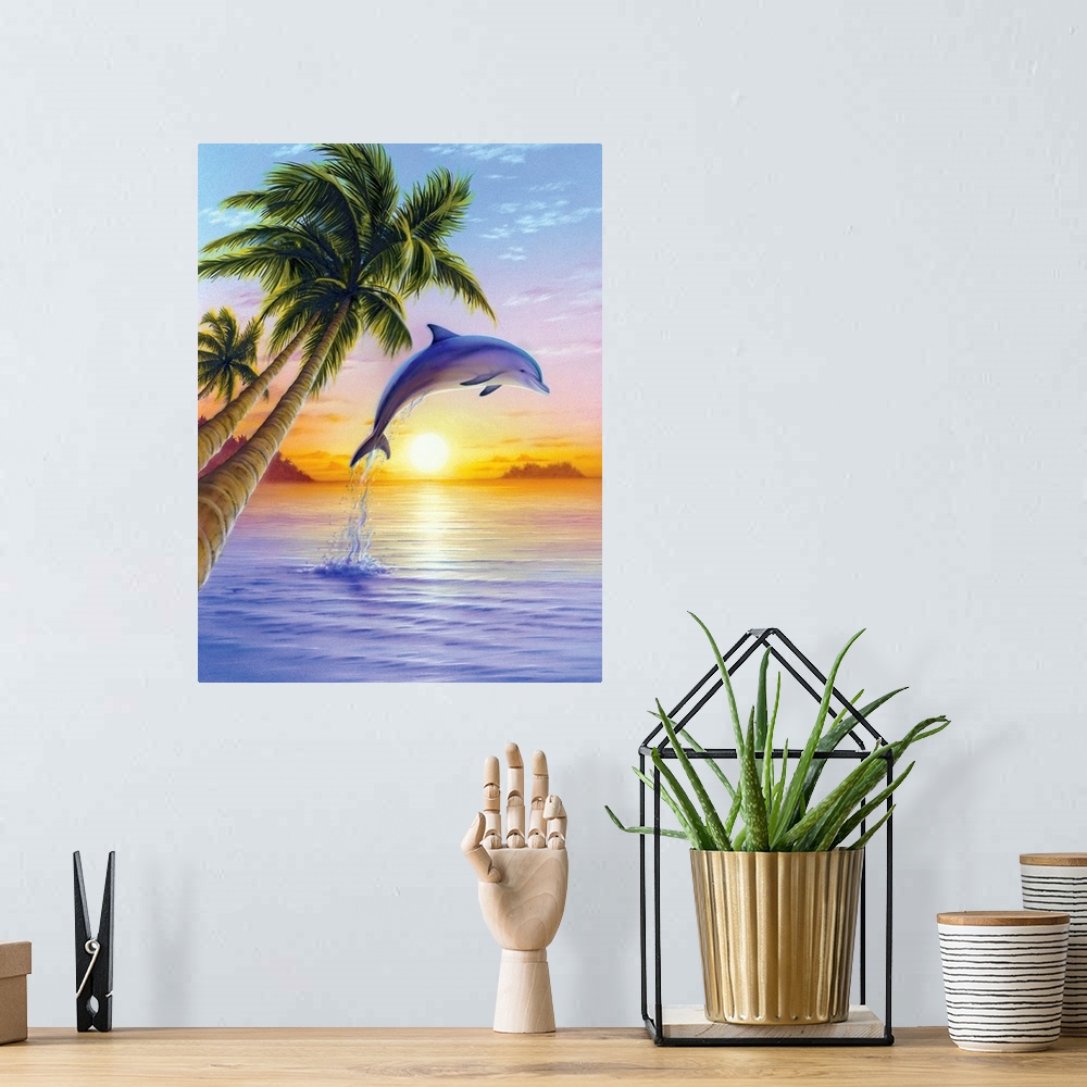 A bohemian room featuring Colorful bright artwork of porpoise jumping out of water at sunset with palm trees in the foregro...