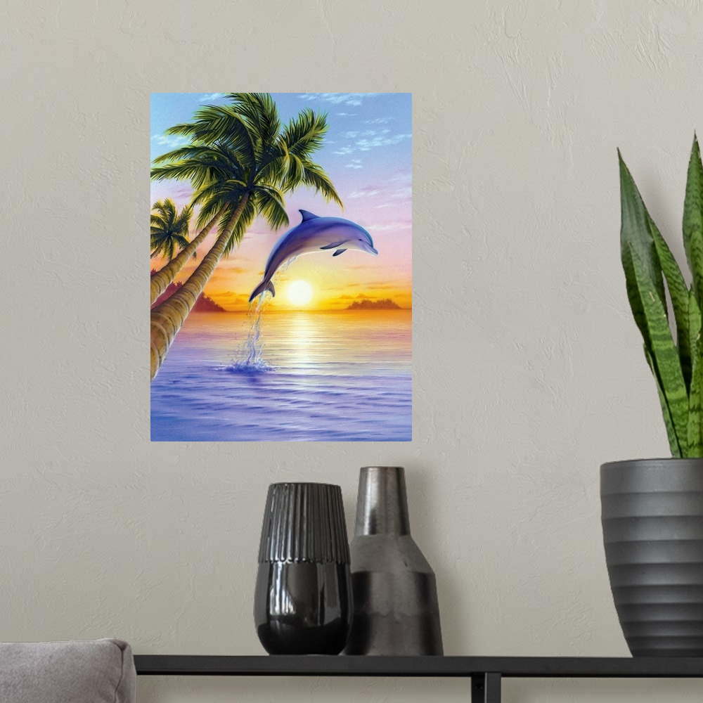 A modern room featuring Colorful bright artwork of porpoise jumping out of water at sunset with palm trees in the foregro...