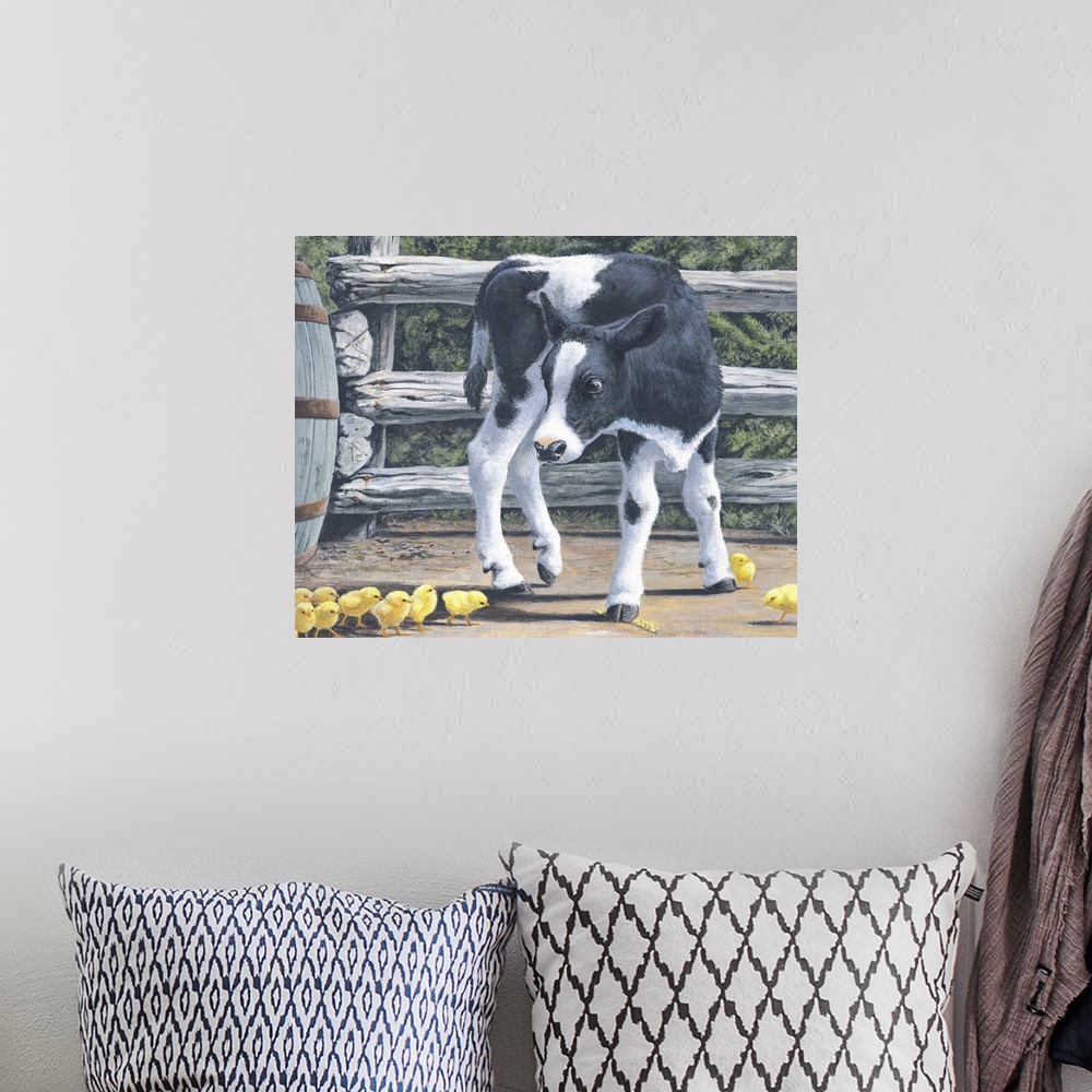 A bohemian room featuring Contemporary painting of a calf surrounded by little bright yellow chicks.
