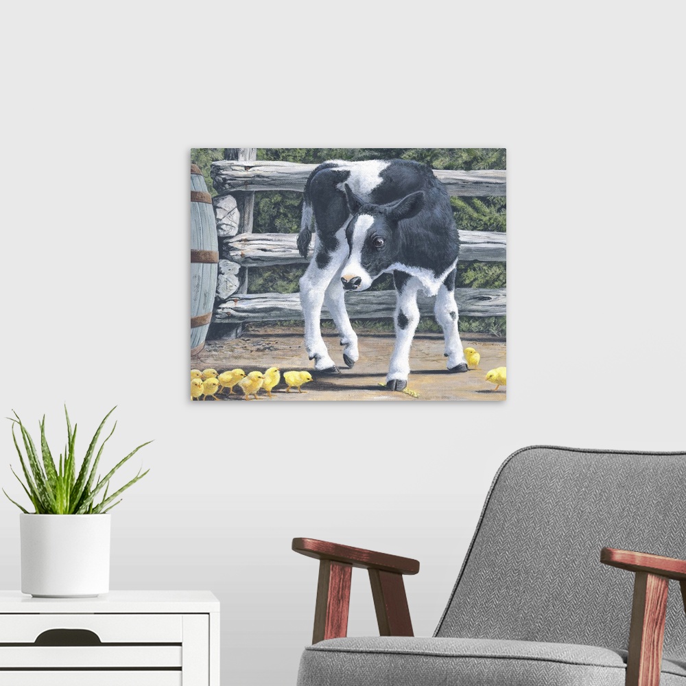 A modern room featuring Contemporary painting of a calf surrounded by little bright yellow chicks.