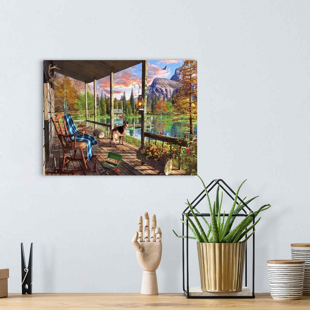 A bohemian room featuring Illustration of a view of the lake and mountains from a cabin veranda.