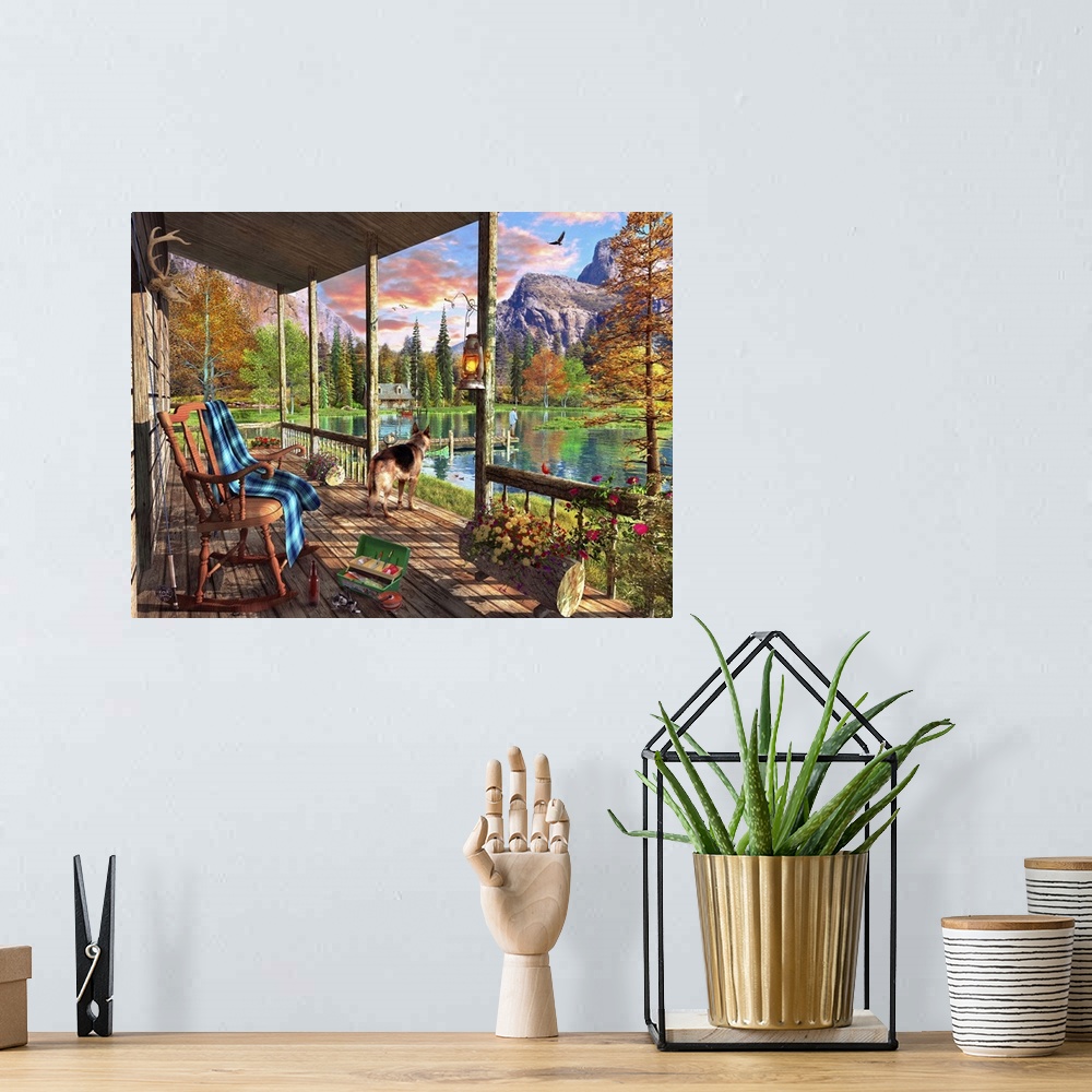 A bohemian room featuring Illustration of a view of the lake and mountains from a cabin veranda.