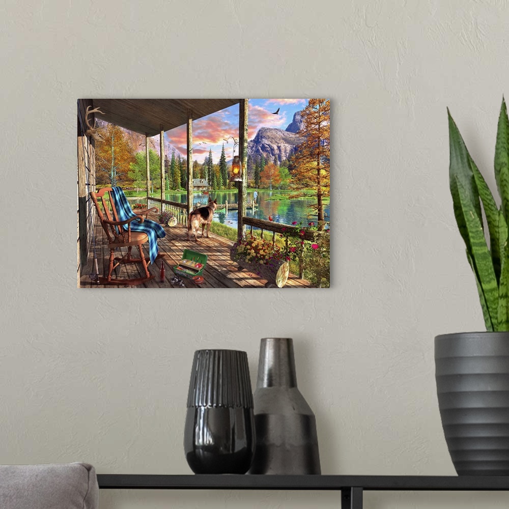 A modern room featuring Illustration of a view of the lake and mountains from a cabin veranda.