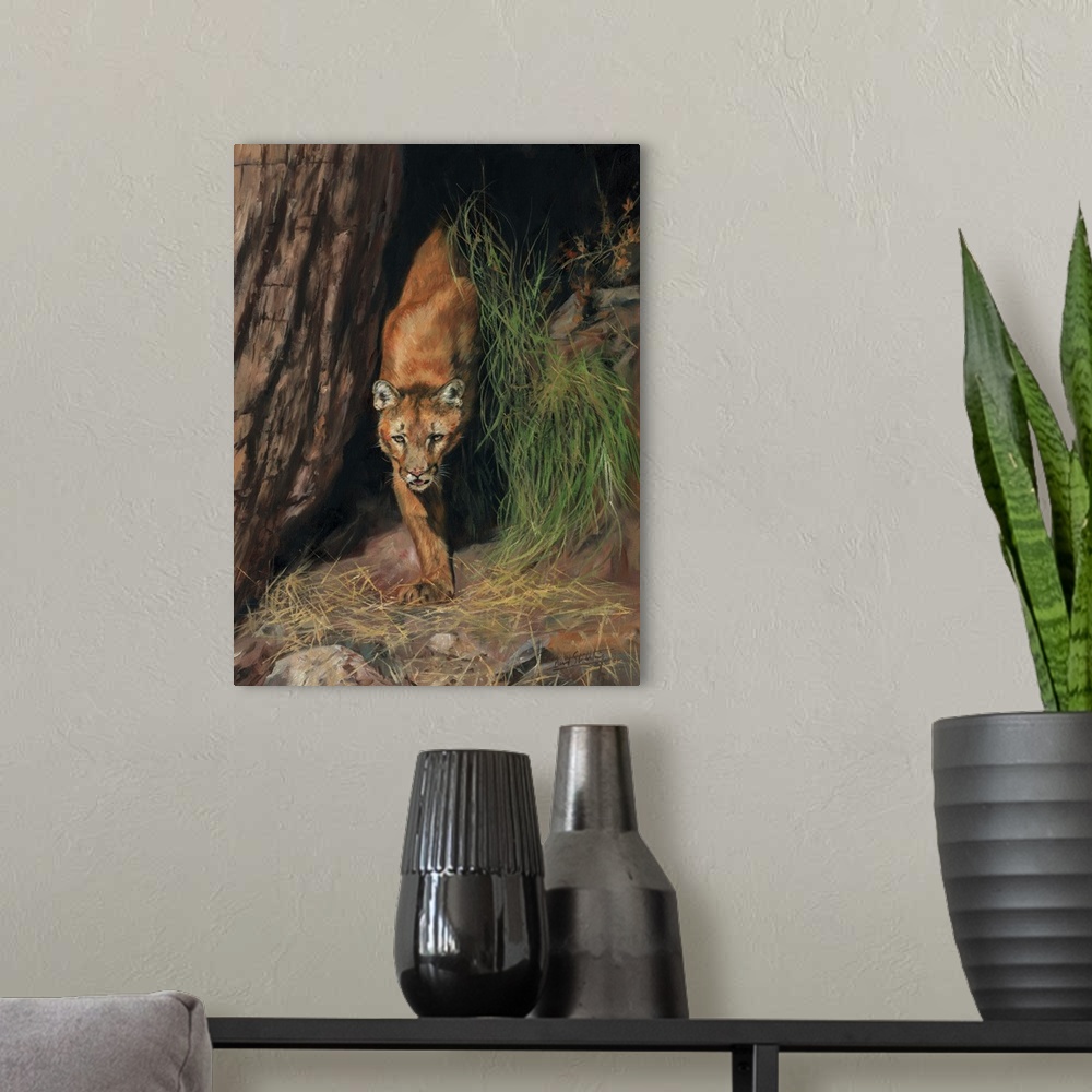 A modern room featuring Contemporary painting of a mountain lion (cougar) emerging from the shadows.
