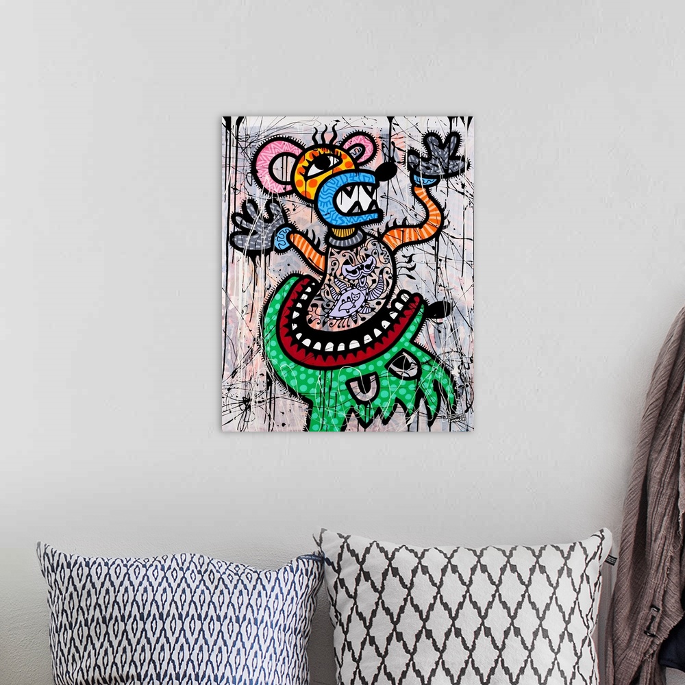 A bohemian room featuring Contemporary artwork of a green monster eating a mouse figure decorated in elaborate designs, aga...