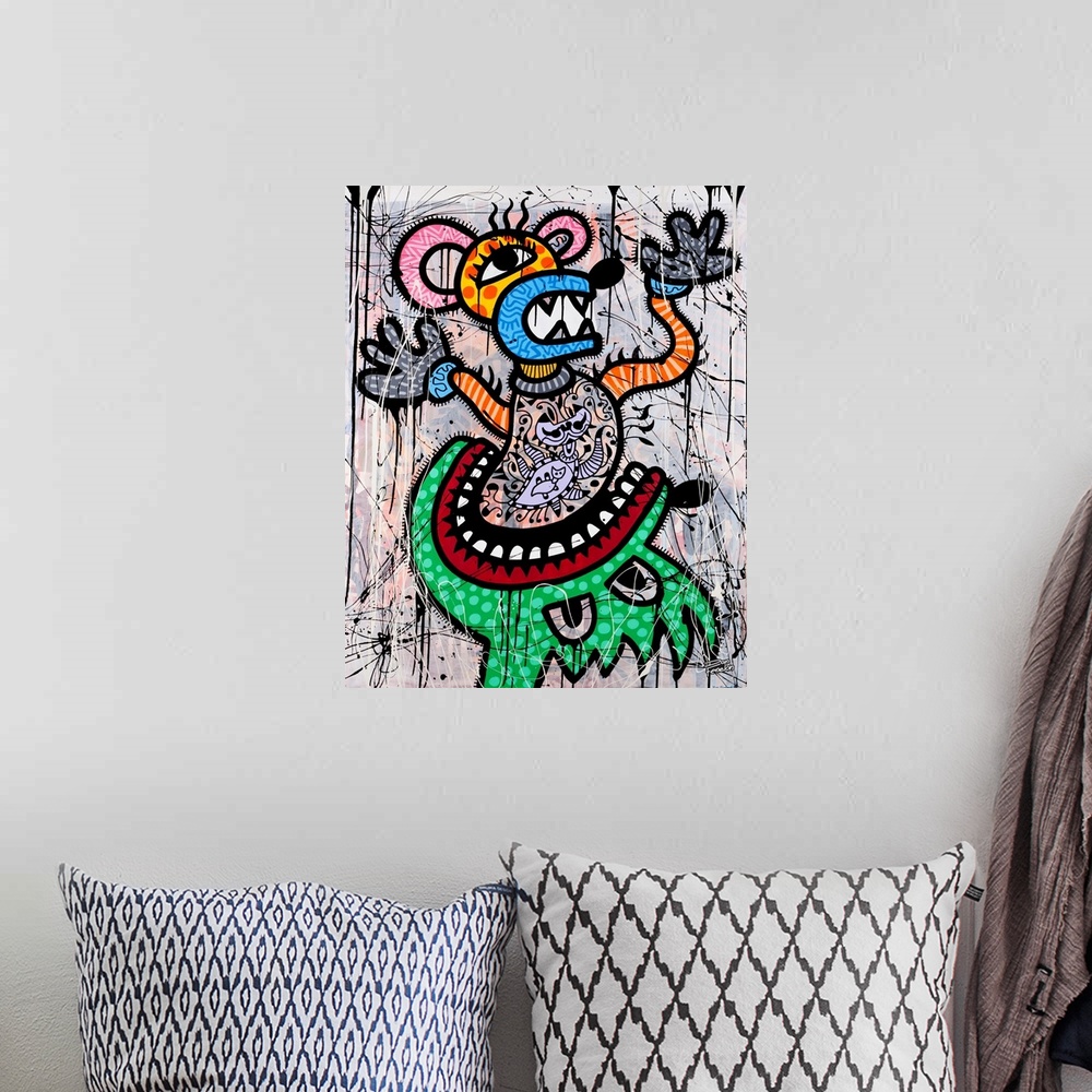 A bohemian room featuring Contemporary artwork of a green monster eating a mouse figure decorated in elaborate designs, aga...
