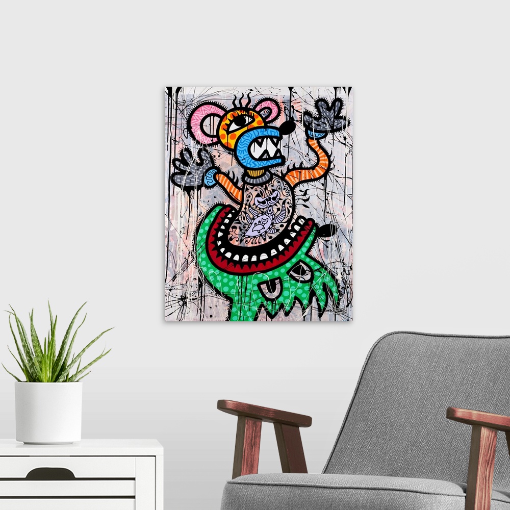 A modern room featuring Contemporary artwork of a green monster eating a mouse figure decorated in elaborate designs, aga...
