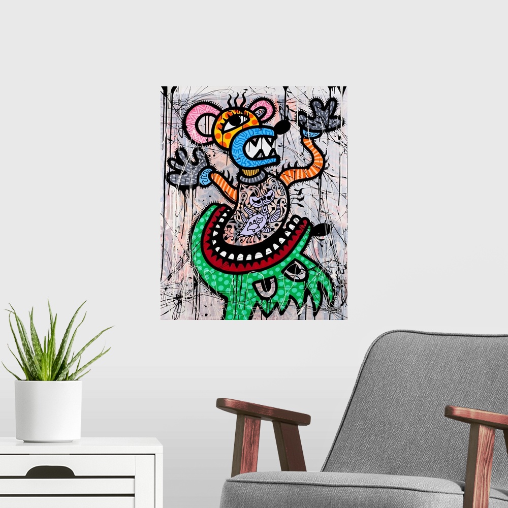 A modern room featuring Contemporary artwork of a green monster eating a mouse figure decorated in elaborate designs, aga...
