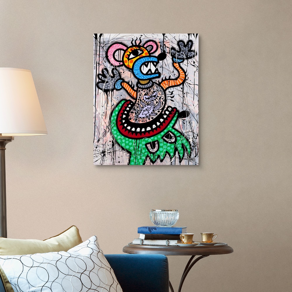 A traditional room featuring Contemporary artwork of a green monster eating a mouse figure decorated in elaborate designs, aga...