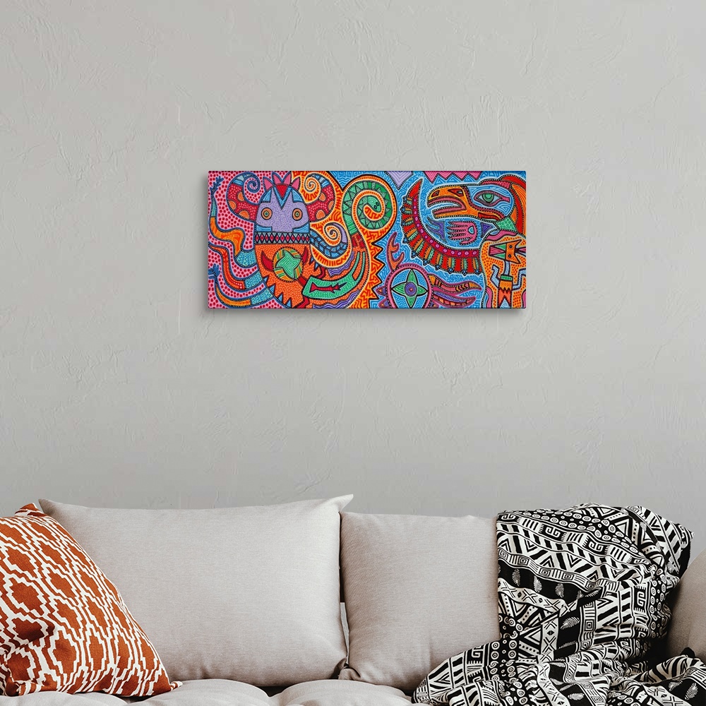 A bohemian room featuring Contemporary aboriginal inspired artwork with bright colors and intricate detail.