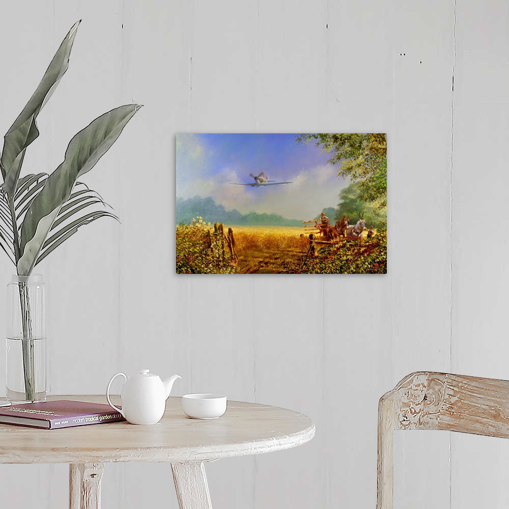 A farmhouse room featuring Painting of a military plane flying over a rural farm landscape.