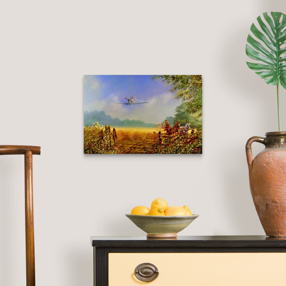 A traditional room featuring Painting of a military plane flying over a rural farm landscape.