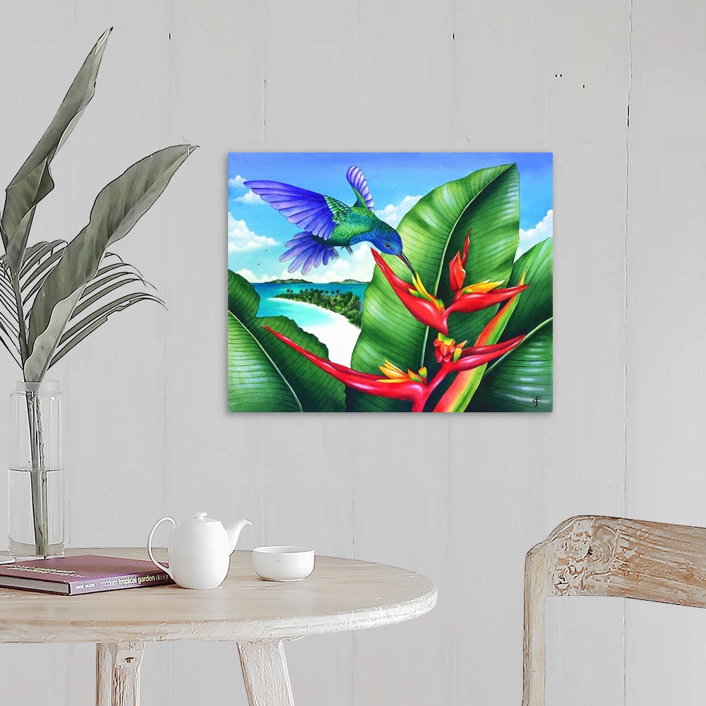 A farmhouse room featuring Tropical themed artwork using bright vivid colors to depict the flowers and animals of the enviro...