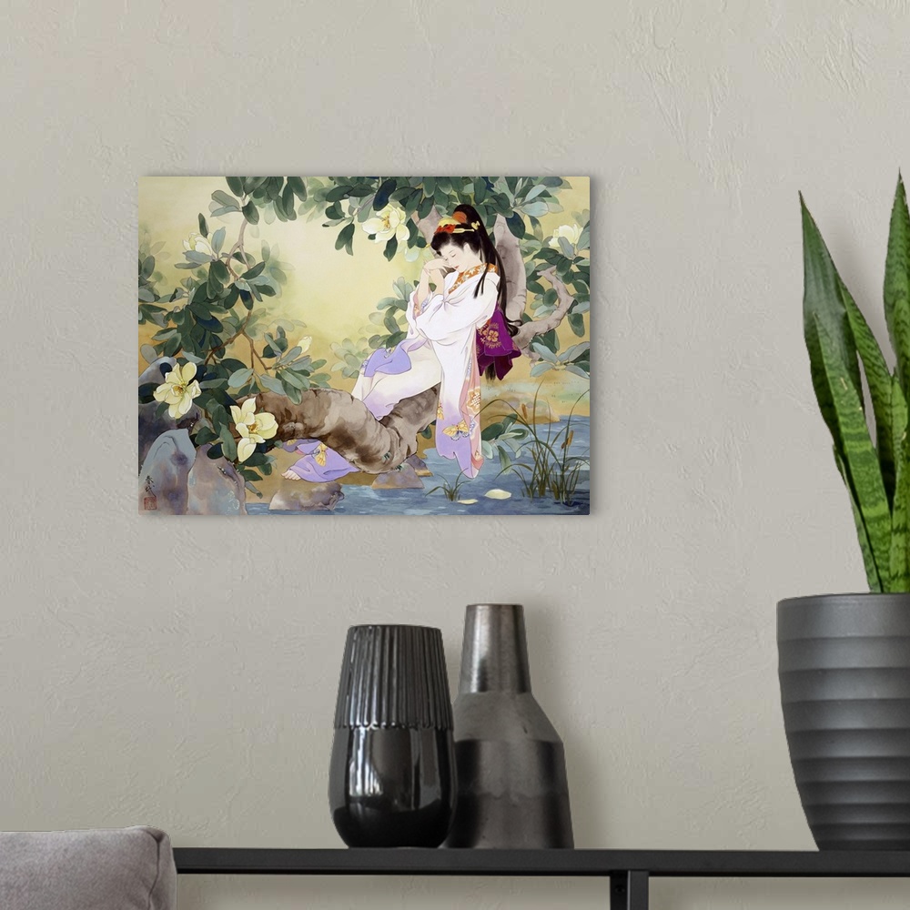 A modern room featuring Contemporary colorful Asian art of a Geisha in beautiful ornate clothing.