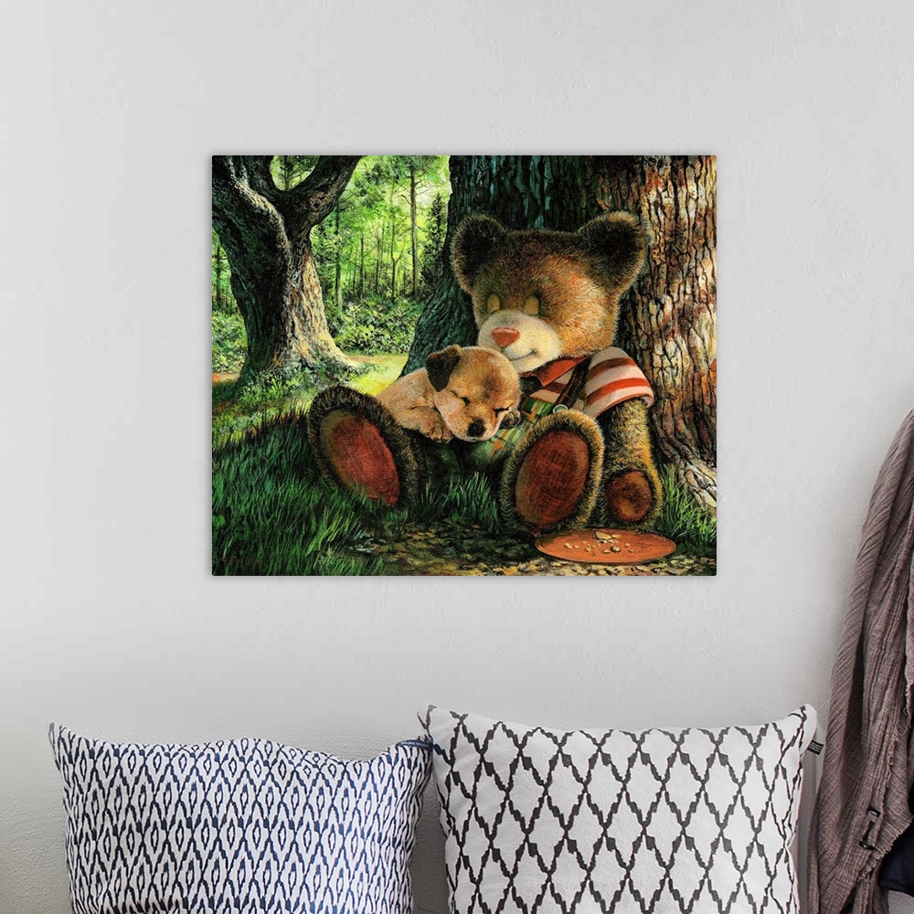 A bohemian room featuring A teddy bear sleeping against a tree in a forest with a puppy laying his lap.