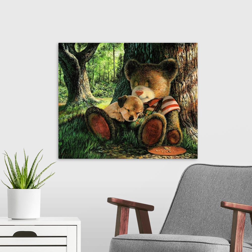 A modern room featuring A teddy bear sleeping against a tree in a forest with a puppy laying his lap.