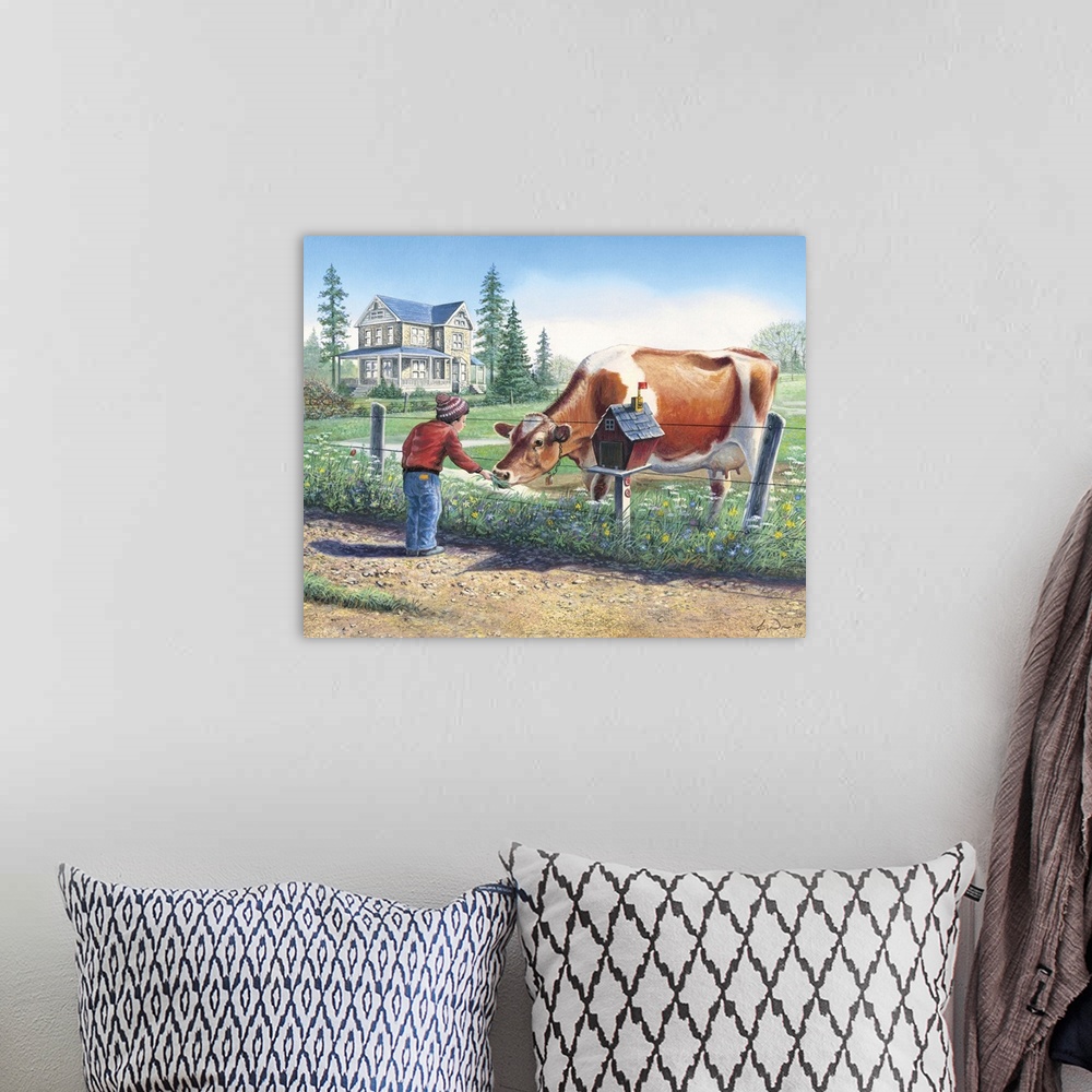 A bohemian room featuring Contemporary artwork of a boy feeding a cow in a field.