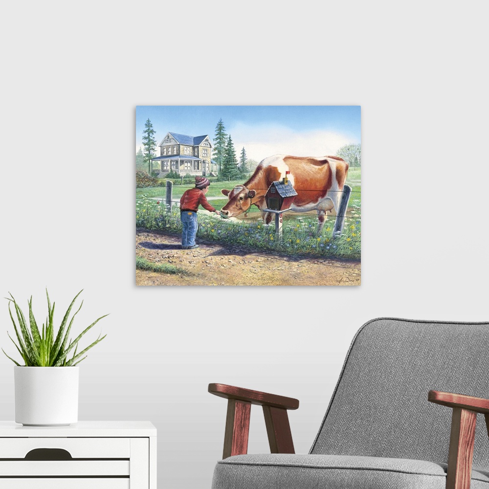 A modern room featuring Contemporary artwork of a boy feeding a cow in a field.