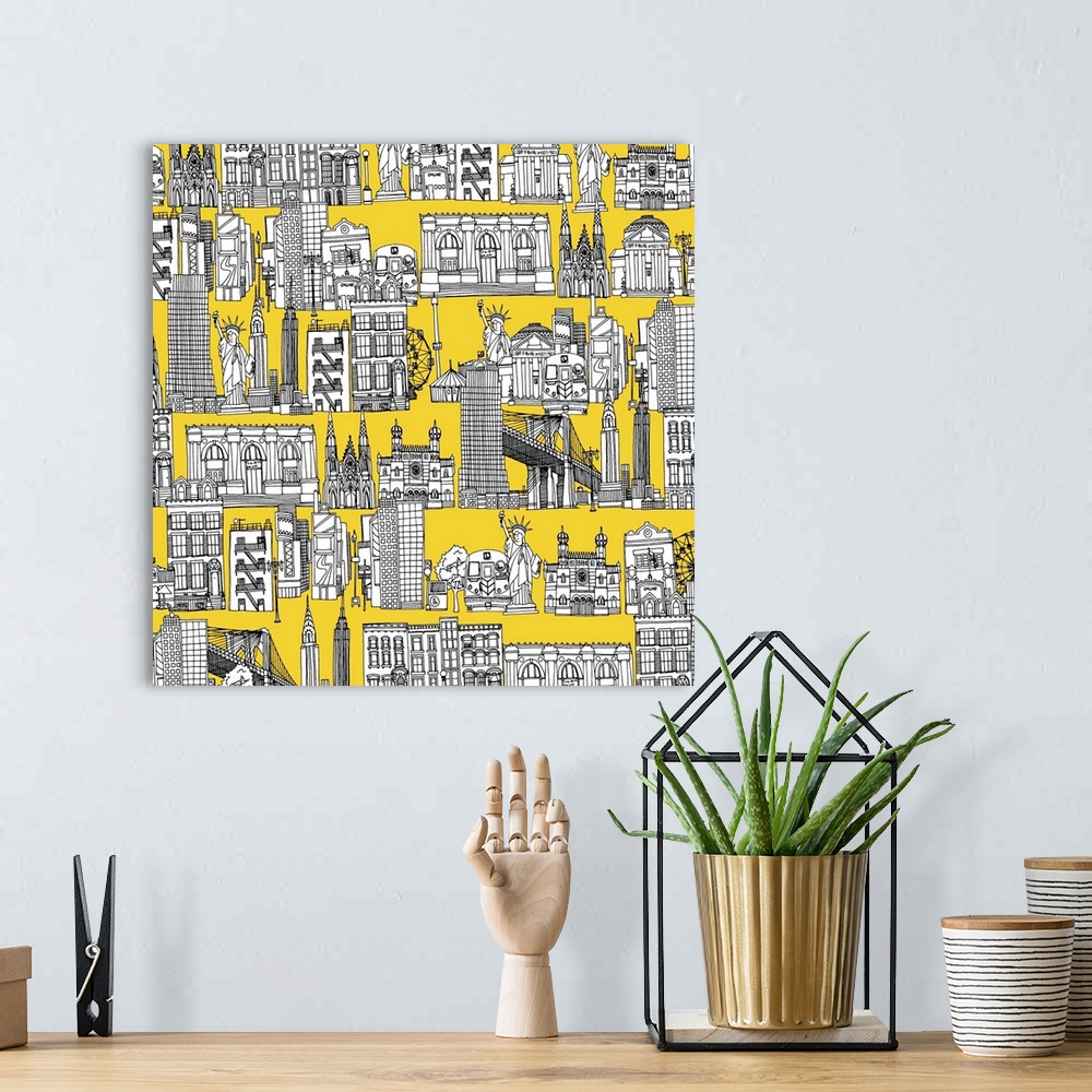 A bohemian room featuring repeating pattern ~ Ink illustrated hotchpotch of New York city landmarks, monuments and buildings