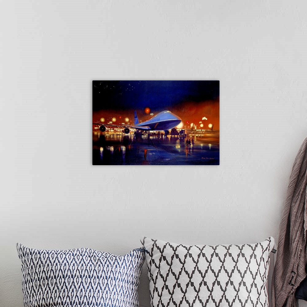 A bohemian room featuring Contemporary painting of an overseas airplane waiting on the tarmac at night waiting to take off.