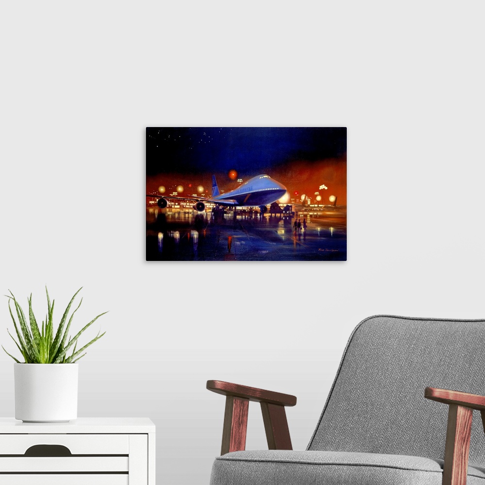 A modern room featuring Contemporary painting of an overseas airplane waiting on the tarmac at night waiting to take off.