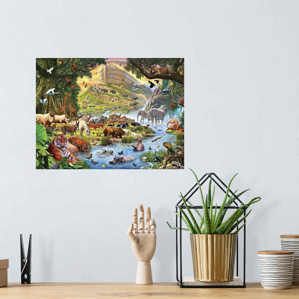 A bohemian room featuring Colorful artwork of Noah's Ark in a lush green landscape with thousands of animals all around.