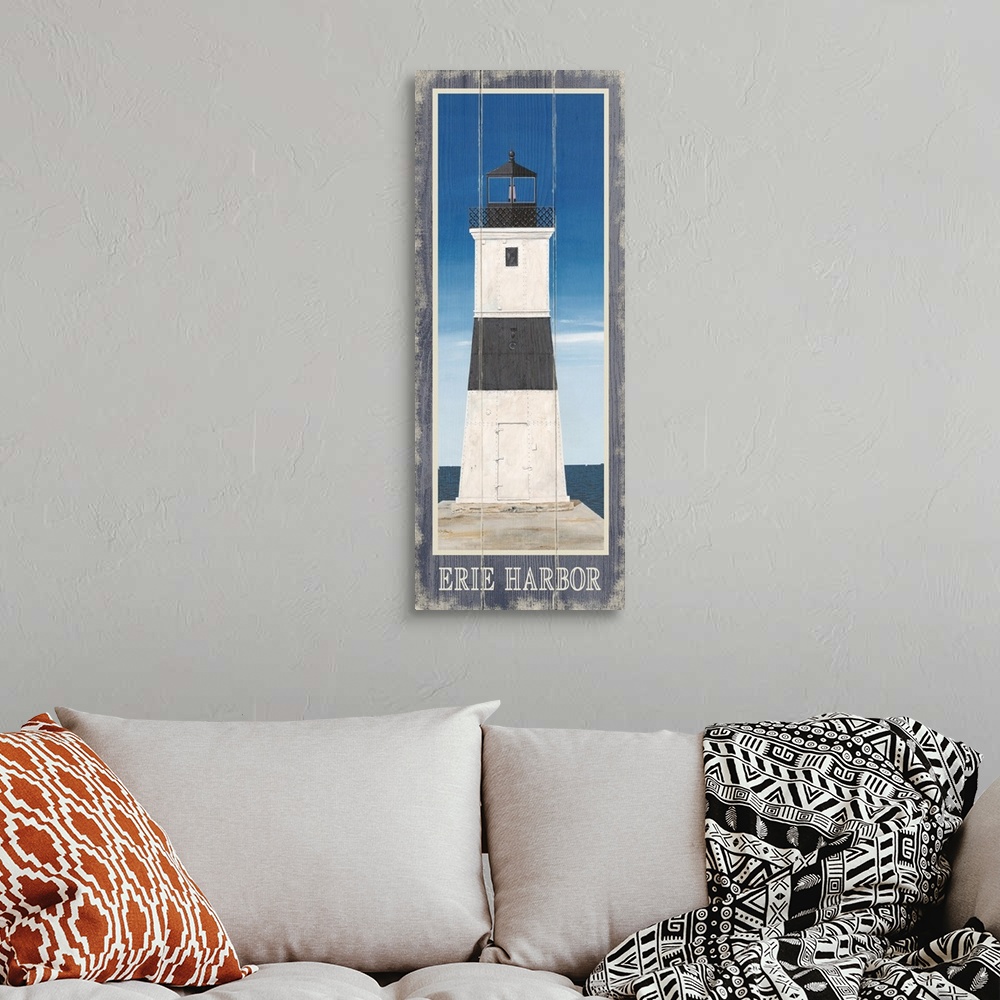 A bohemian room featuring Painting of Erie Harbor North Pier Light in Pennsylvania.