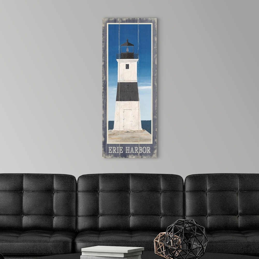 A modern room featuring Painting of Erie Harbor North Pier Light in Pennsylvania.
