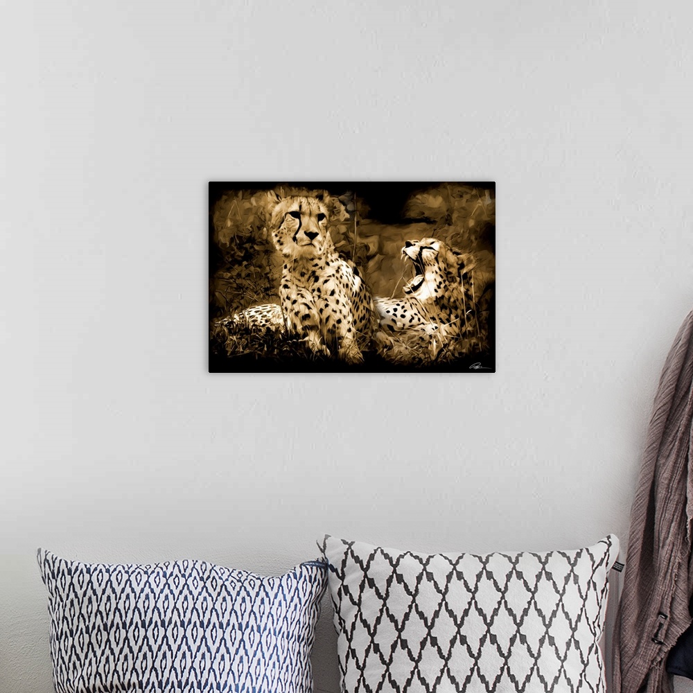 A bohemian room featuring Contemporary animal art of two cheetahs laying together.