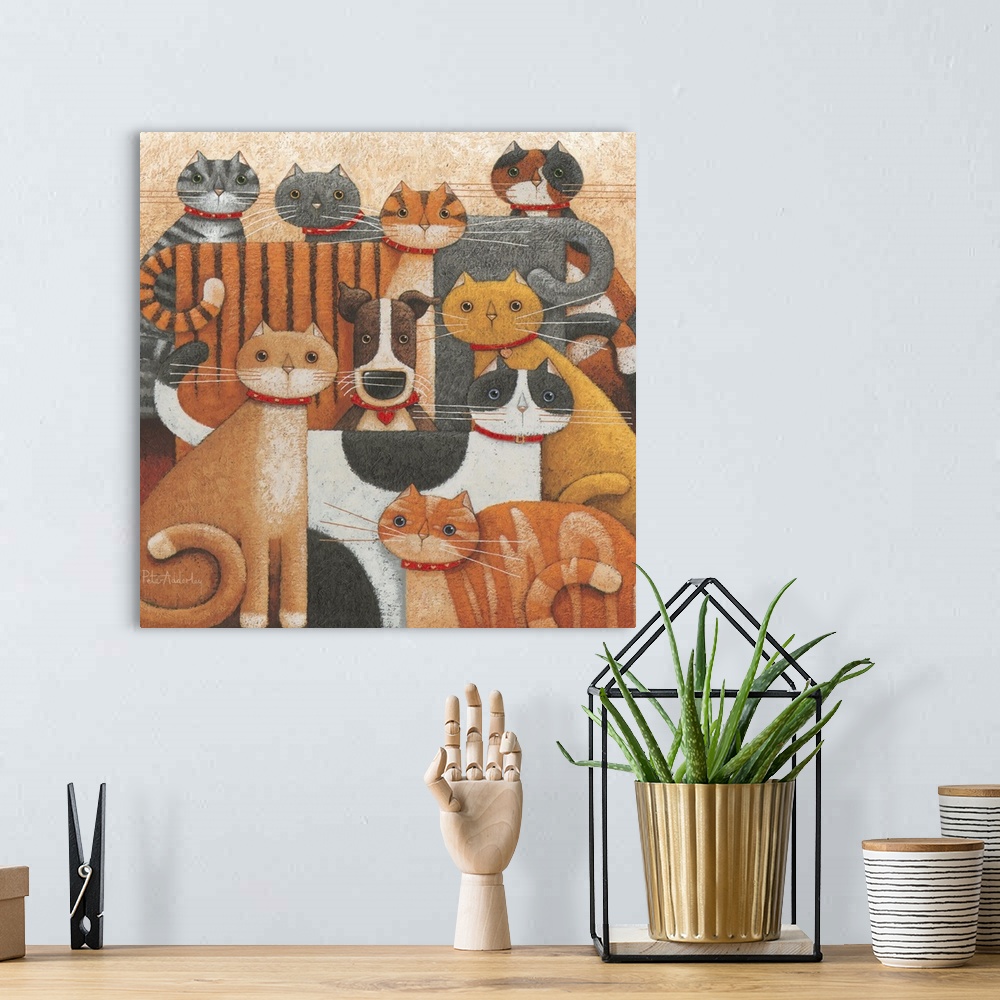 A bohemian room featuring Contemporary painting of a group of cats with a dog sitting in the middle of them.