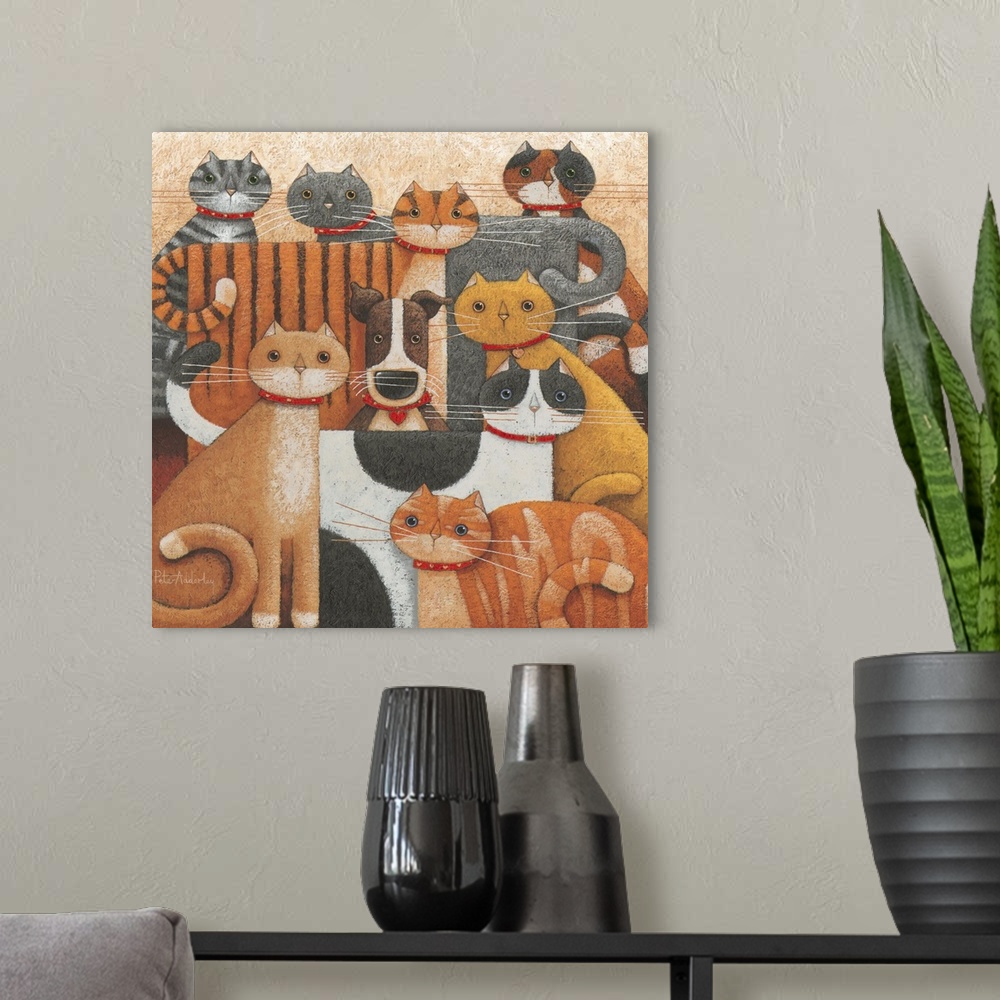 A modern room featuring Contemporary painting of a group of cats with a dog sitting in the middle of them.