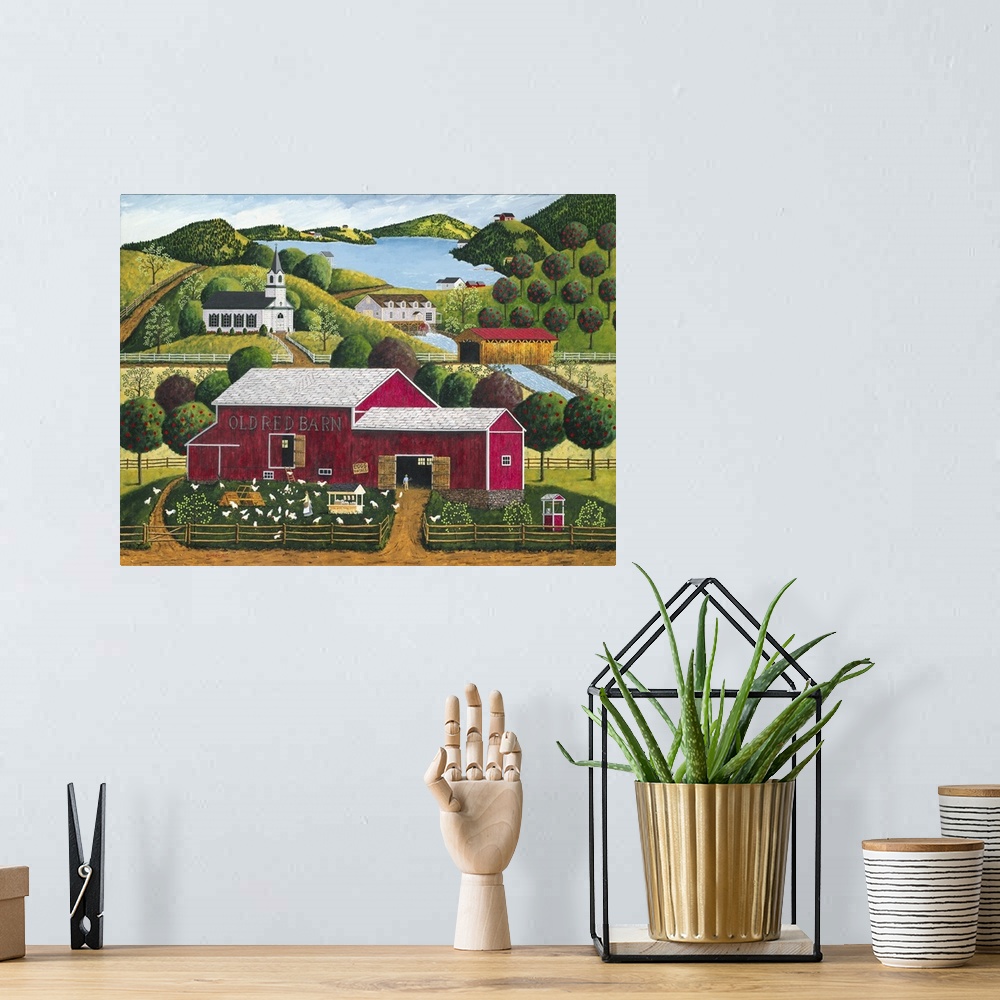 A bohemian room featuring Americana scene of a red barn with chickens in the yard surrounded by an orchard.