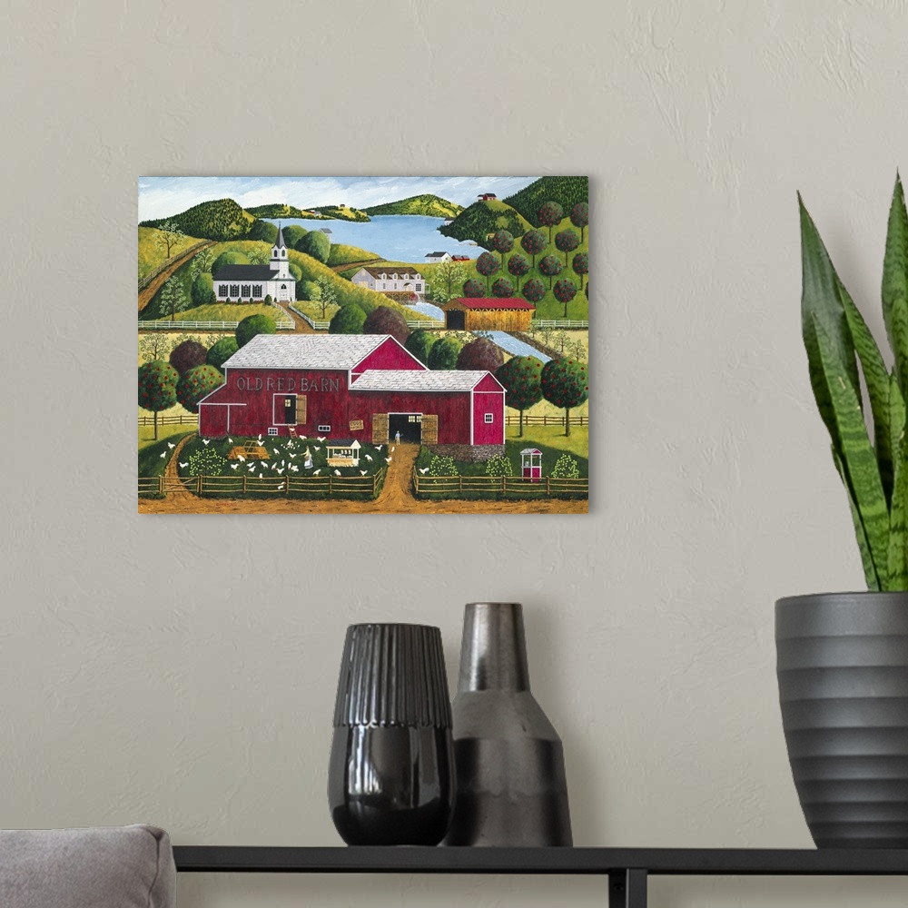 A modern room featuring Americana scene of a red barn with chickens in the yard surrounded by an orchard.