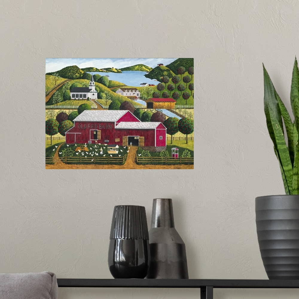 A modern room featuring Americana scene of a red barn with chickens in the yard surrounded by an orchard.