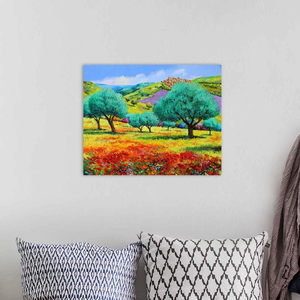 A bohemian room featuring Painting of a rural landscape of flowering fields of bright red poppies.