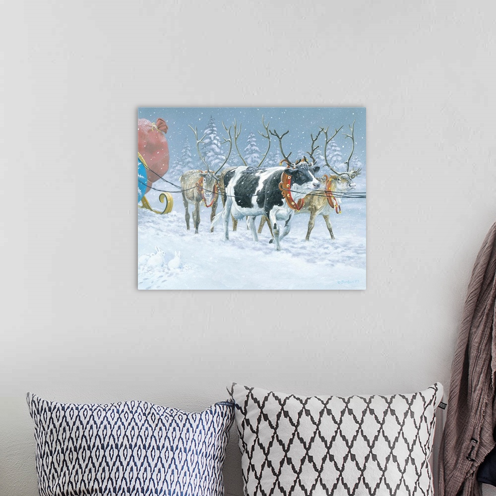 A bohemian room featuring Contemporary painting of a cow wearing fake antlers joining the reindeer on Santa's sleigh.