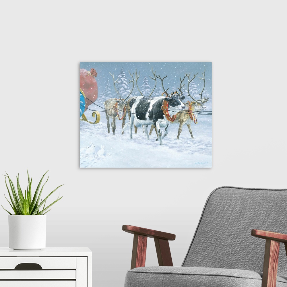 A modern room featuring Contemporary painting of a cow wearing fake antlers joining the reindeer on Santa's sleigh.