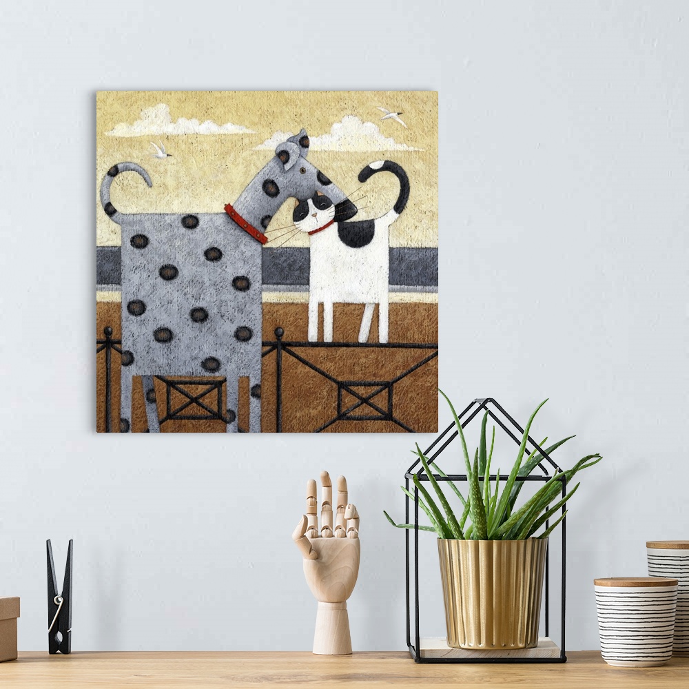 A bohemian room featuring Contemporary painting of a spotted dog be nuzzled by a cat.