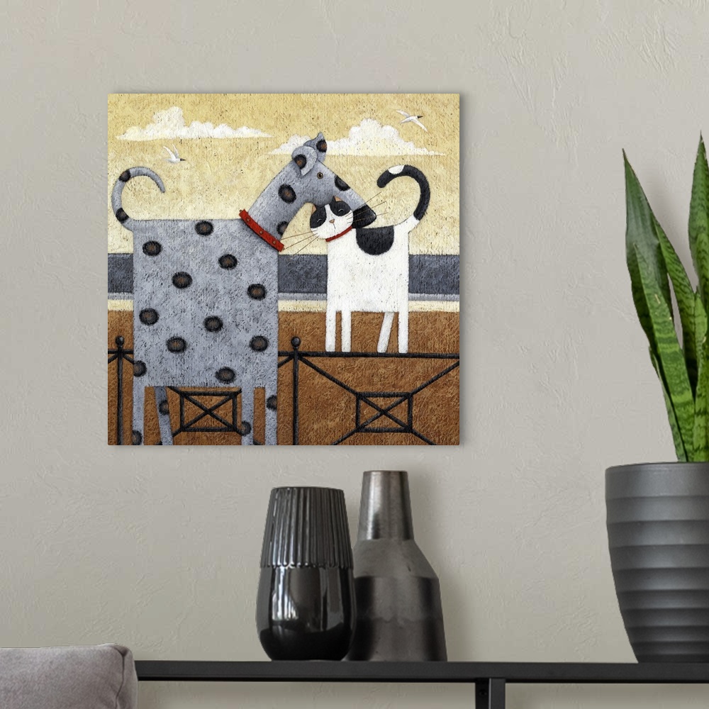A modern room featuring Contemporary painting of a spotted dog be nuzzled by a cat.