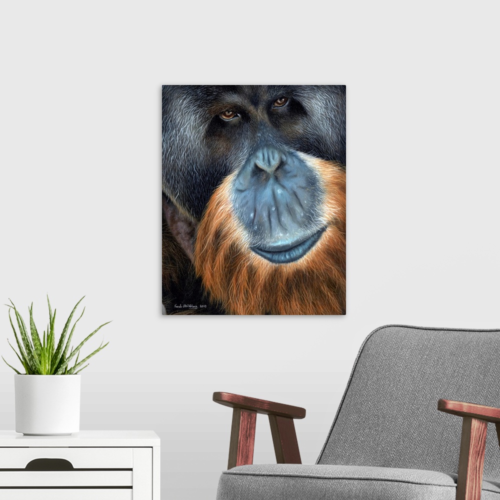 A modern room featuring Oil painting of a close up of an Orangutan.