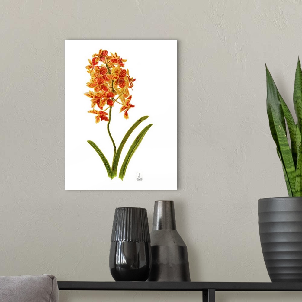 A modern room featuring Contemporary artwork of a vibrant orange flower against a white background.