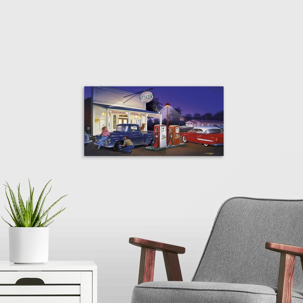 A modern room featuring Landscape, large wall picture of a small town general store and gas station in the late 1950s, li...