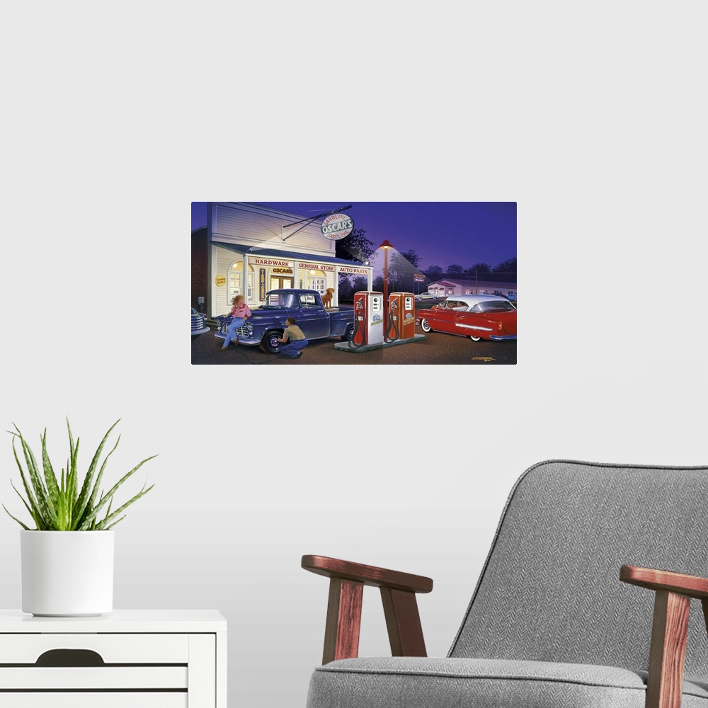 A modern room featuring Landscape, large wall picture of a small town general store and gas station in the late 1950s, li...