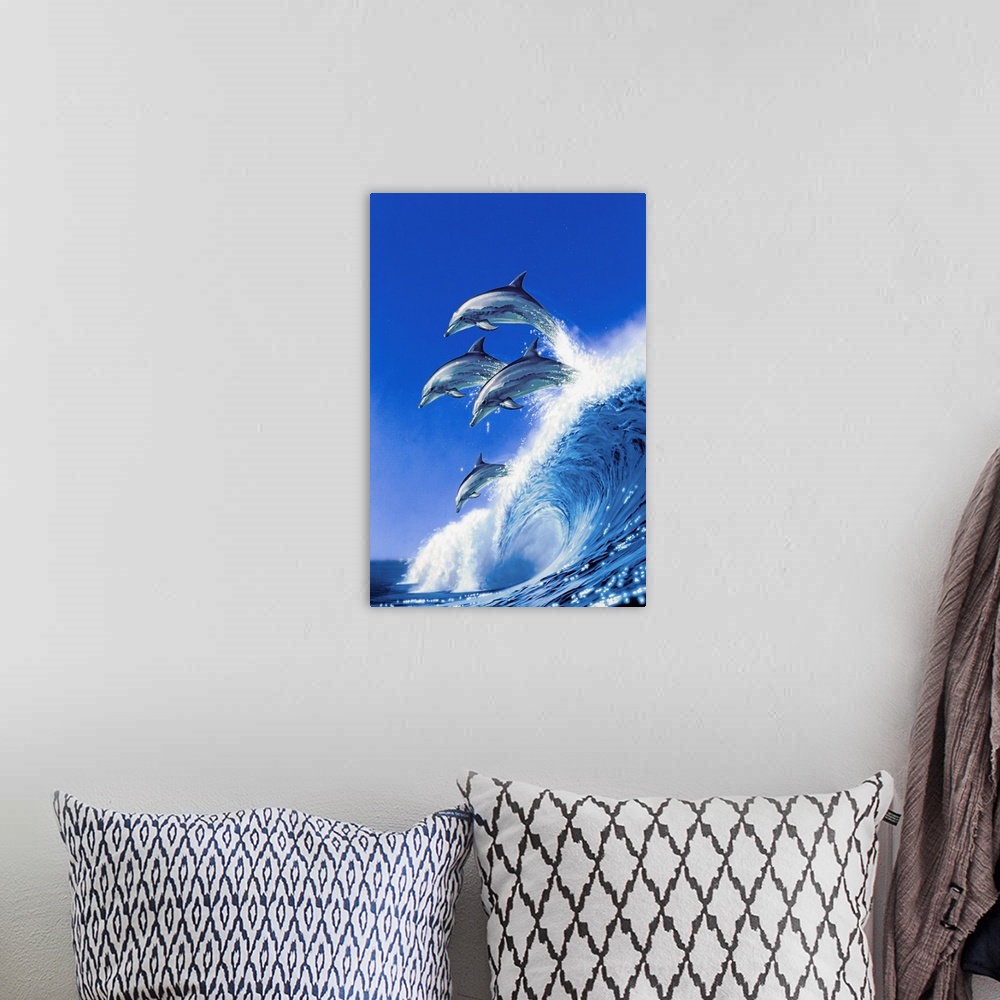 A bohemian room featuring dolphins riding above a blue wave
